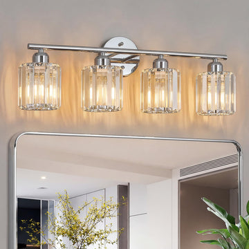 Modern 4-Light Crystal Vanity Lighting, Chrome Bathroom Light Fixture