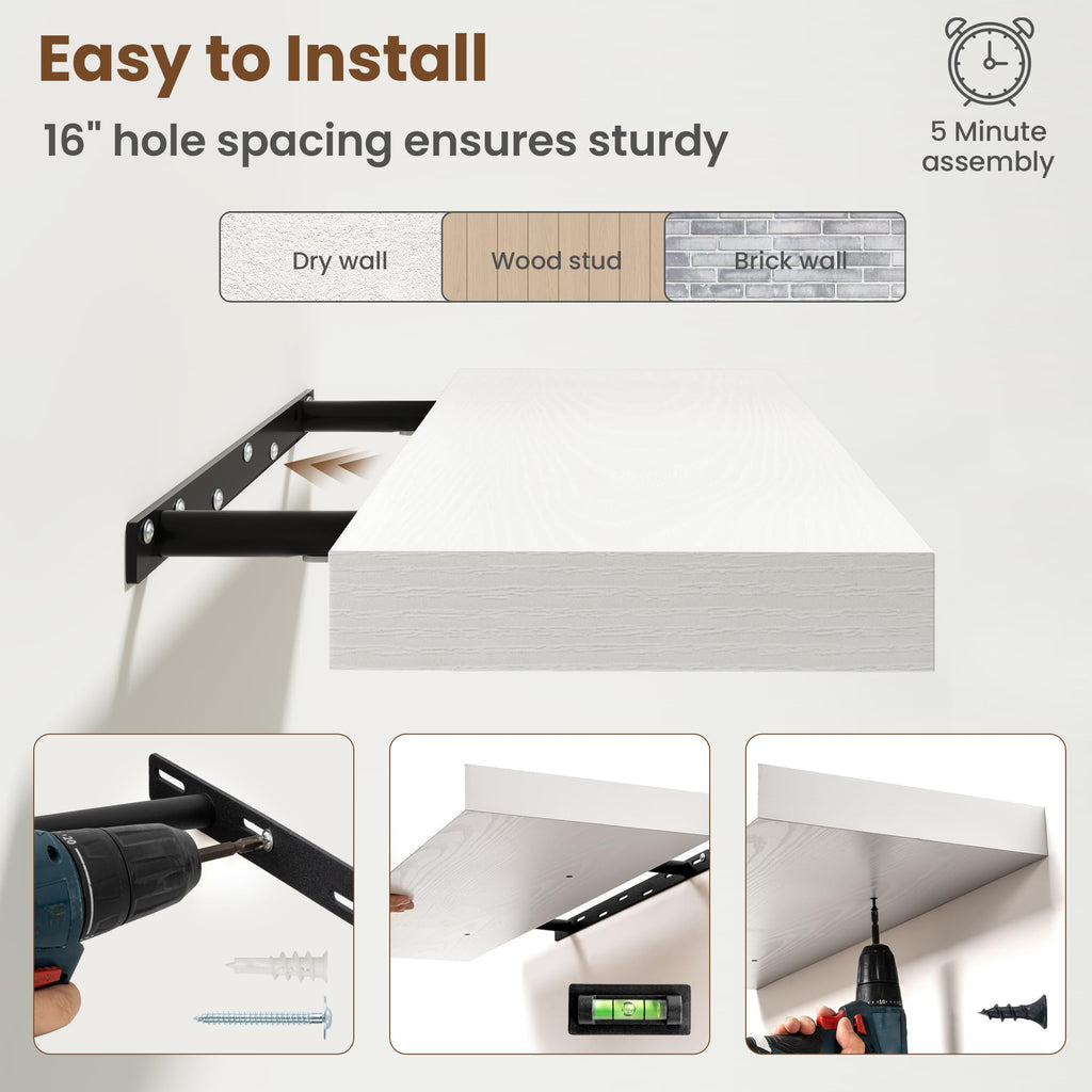 55 Inch Floating Shelves for Wall, 8 Inch Deep, Invisible Brackets, White