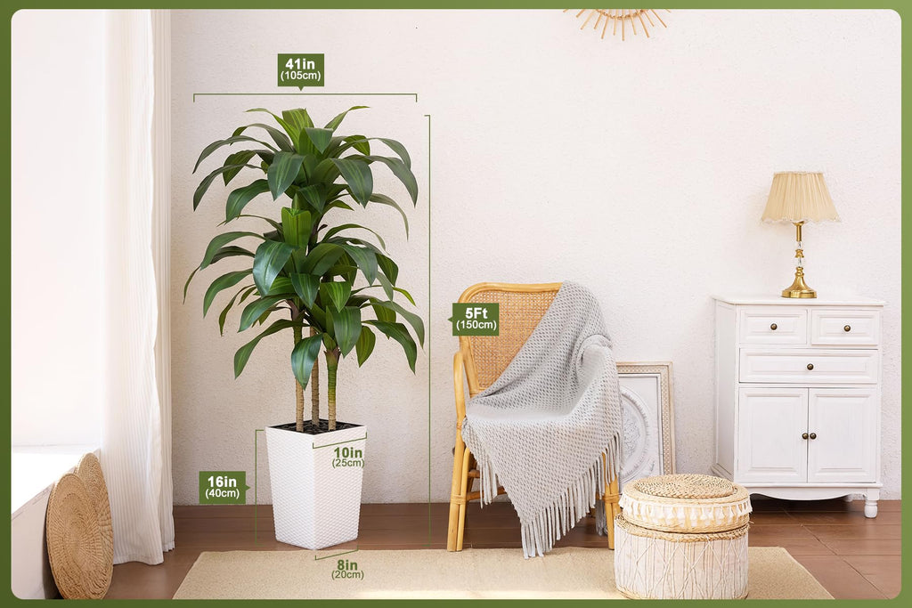 Artificial Dracaena Tree 5FT - Fake Tree with White Taper Planter & Pebbles - UV Resistant Faux Yucca Tropical Plant