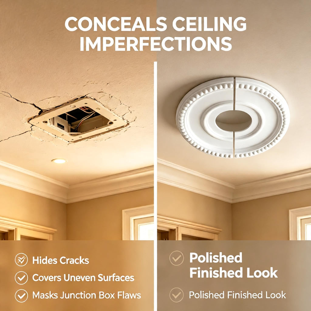 Molded Split Ceiling Medallion for Light Fixtures and Ceiling Fans, 12.4"OD 3.94"ID | Covering up messy
