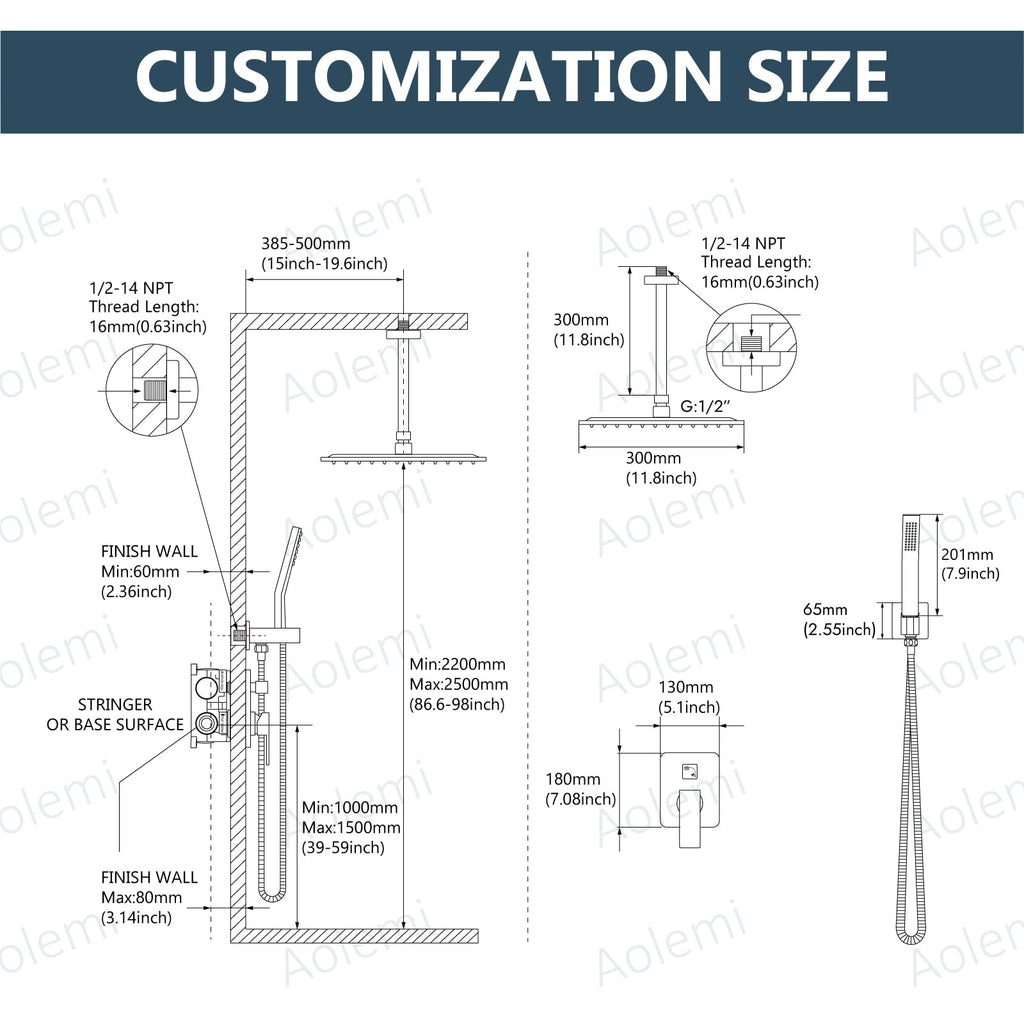 Ceiling Shower Faucet Set with Handheld 12" LED Head Brushed Gold