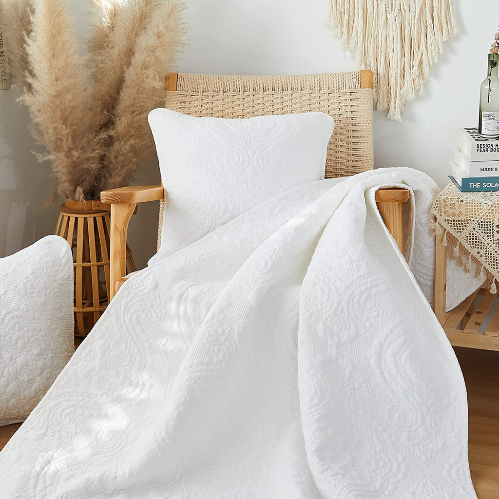 White Damask Quilted Pillow Shams Cotton King Size Pillow Cases Set of 2 Comfy Soft Decorative Pillow Covers for Bed
