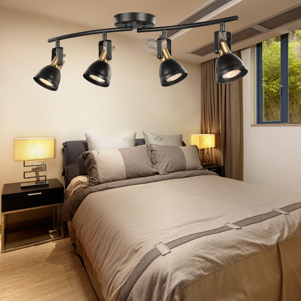 4 Light Track Lighting Kit, Matt Black Brass Finish 4 Way Adjustable with Moden Flush Mount Ceiling Spotlight