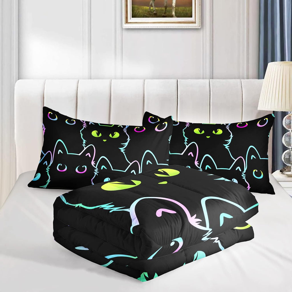 Kids Bedding Cartoon Cat Comforter Set Twin,Gradient Line Cute Cat Bedding Set for Teens Boys Girls Adults Room