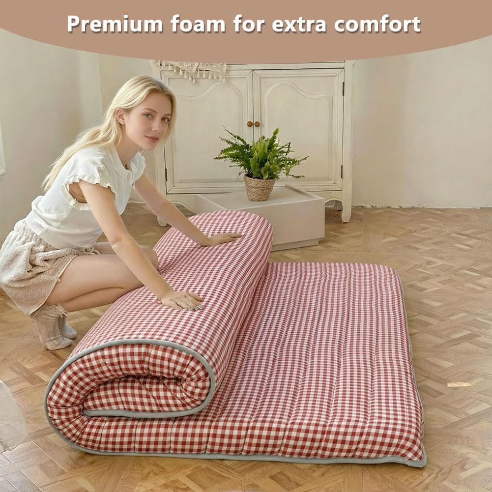 Red Gingham Japanese Floor Mattress, 3.5" Thick High Density Foam Futon Mattress, Foldable Tatami Sleeping Pad, Roll