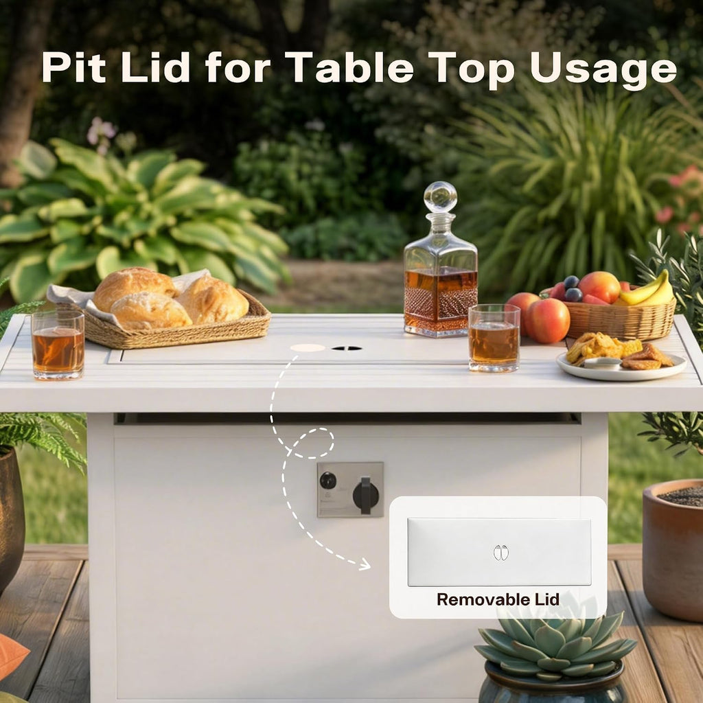43" Aluminum Propane Fire Pit Table with 55,000 BTU, Rectangle Outdoor Gas Fire Table with Glass Wind Guard, Glass