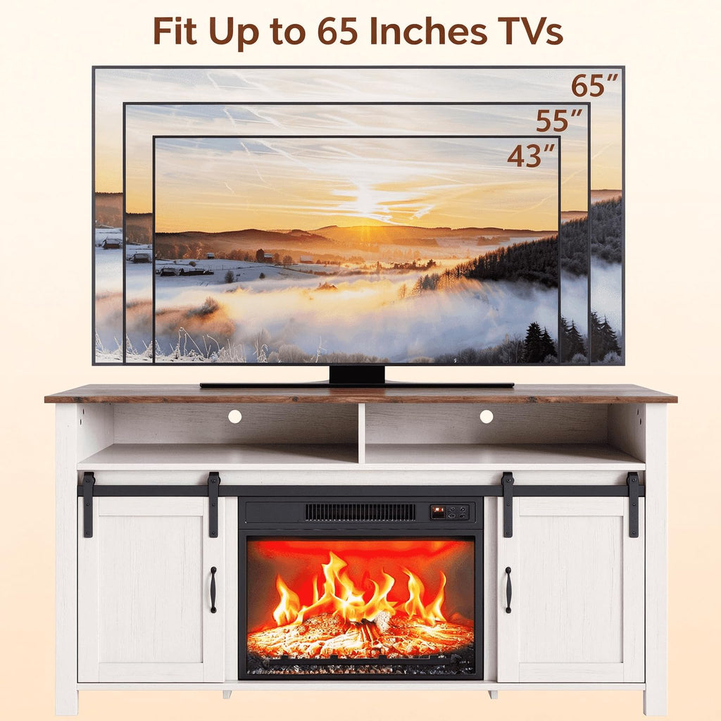 58" Fireplace TV Stand with Barn Doors for 65" TVs, 1 Package, White