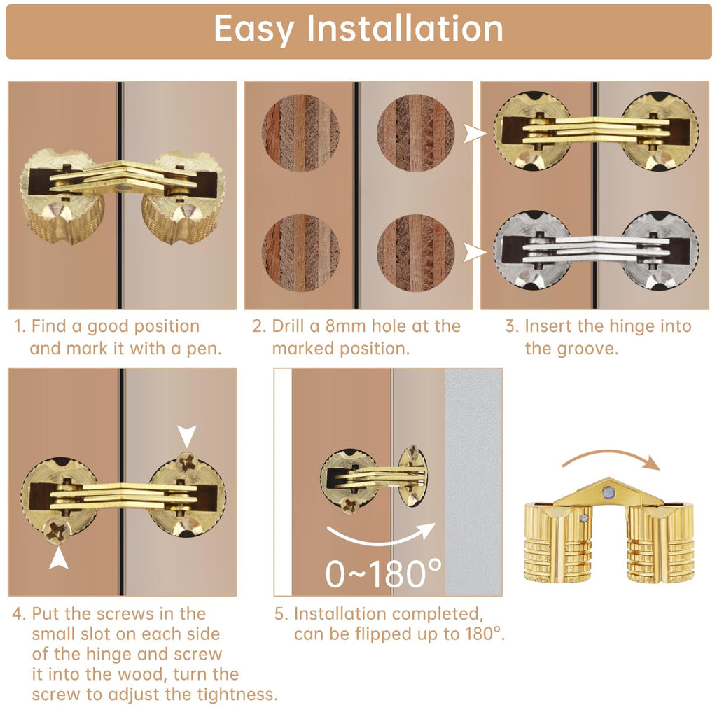 6Pcs 8 mm Hidden Brass Barrel Hinges, 180 Degree Concealed Hinge for Wood