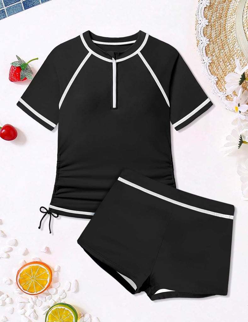 Girls Swimsuit Rash Guard Bathing Suit for Girls 2 Piece Short Sleeve Solid Color UPF 50+ Padded Zip Swimwear
