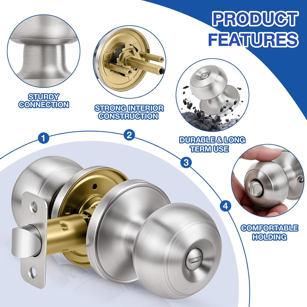 6 Pack Brushed Nickel Door Knobs,Privacy Door Knob with Lock, Interior Doorknobs Silver, Keyless Door Locks Set s