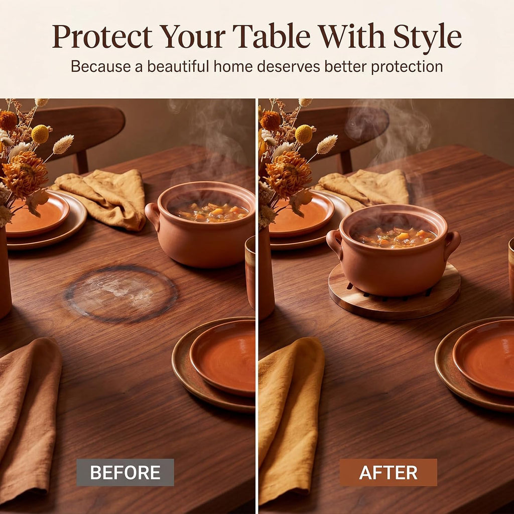 Acacia Trivet Mat and Trivet Holder Set 5.8 inch 7 inch Thicken Acacia Wood Hot Pads Trivets Heat Resistant - Set of 5