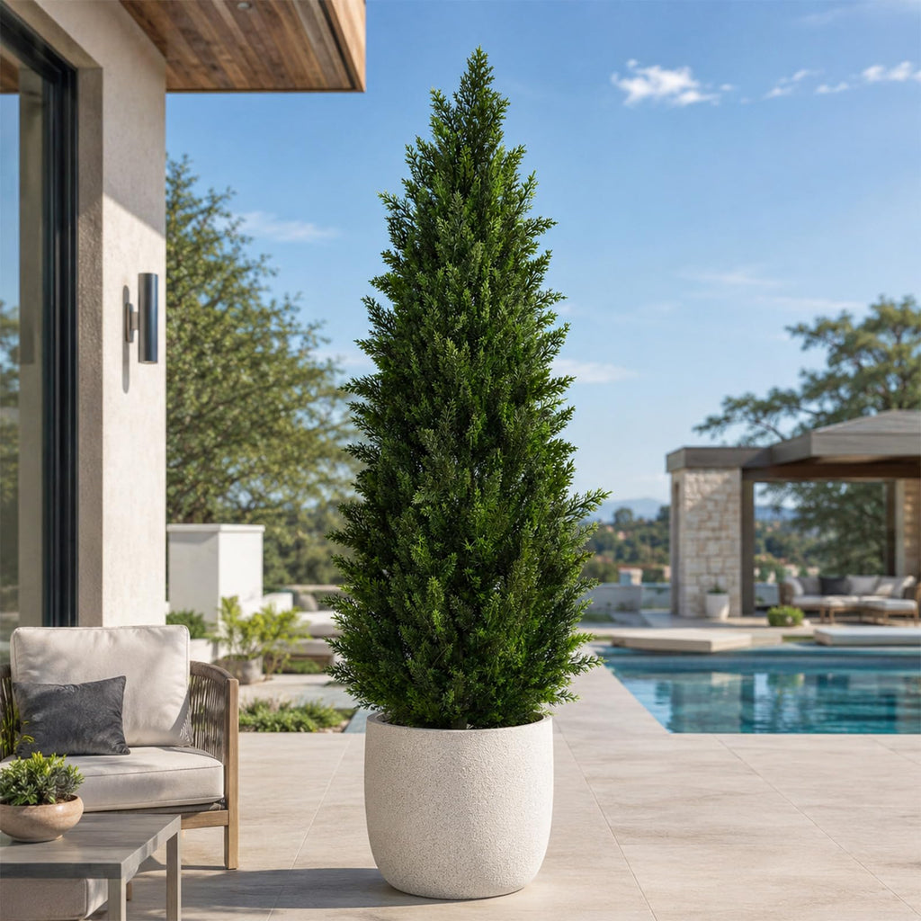 Artificial Topiary Cedar Trees 6FT Tall 2 Set, Outdoor Indoor Faux Pine Shrubs Plants, Realistic Fake Plants Front