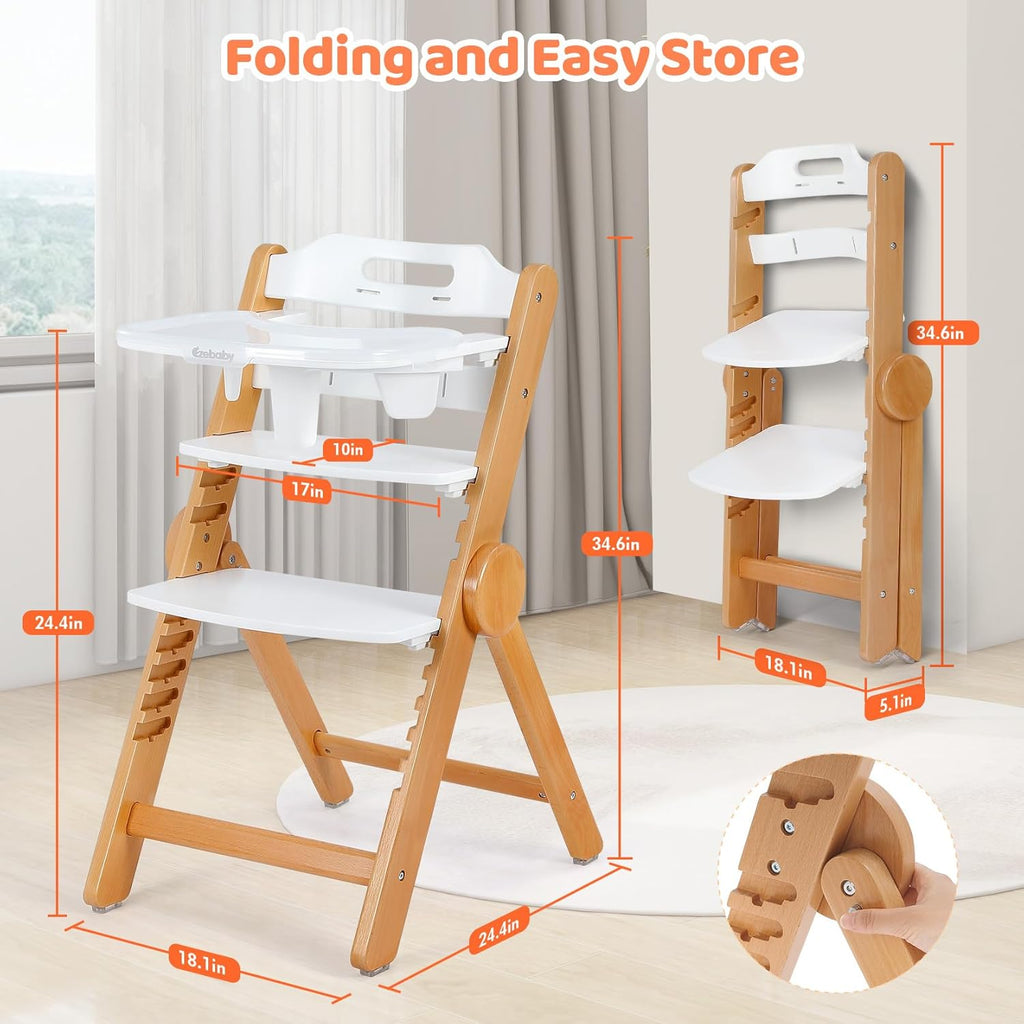 Foldable Wooden High Chair, No-Tools Adjustable Baby High Chair for Toddlers to Adult, Space-Saving Space Highchairs