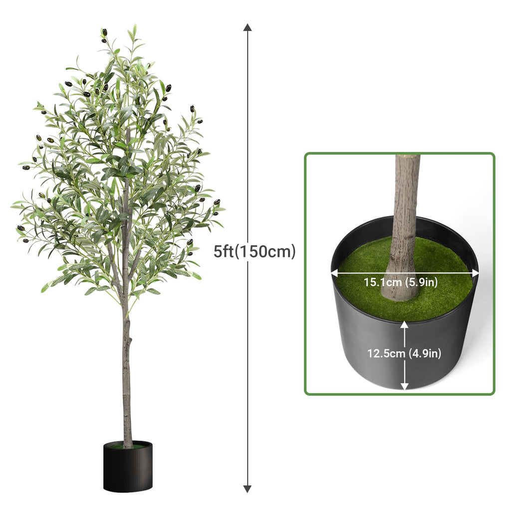 5FT Olive Tree Artificial, 150cm Faux Olive Tree with Lifelike Olive Leaves & Stable Cement Weight Thickened Bottom