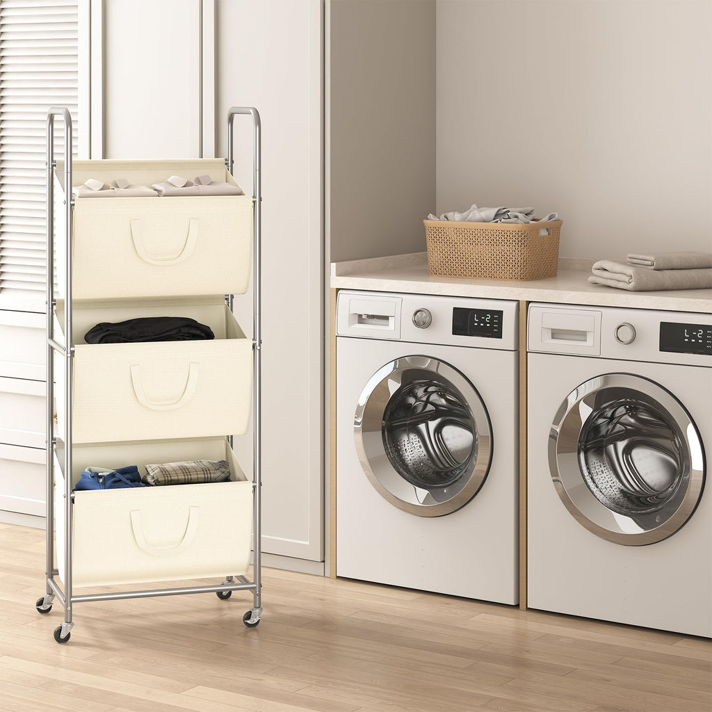 3-Tier Vertical Rolling Laundry Hamper with Wheels & Removable Bags