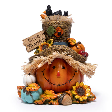 Fall Pumpkin Figurine with Give Thanks Sign, Thanksgiving Decorations