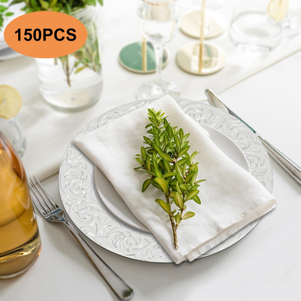 150 Pcs Antique Charger Plates Bulk Round Plastic Dinner Plate Embossed Rim Server Plate Decorative Chargers Floral