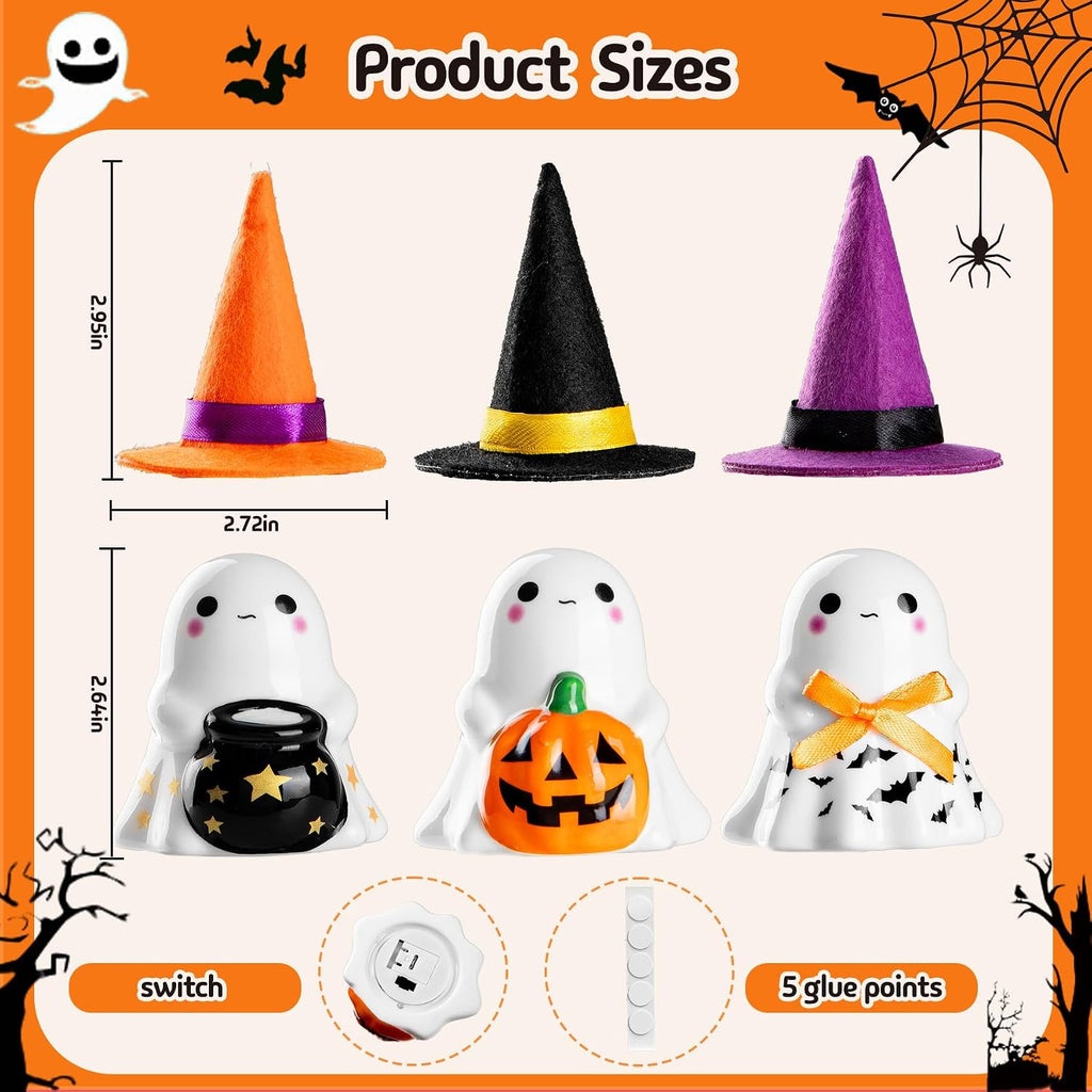 Halloween Decorations Indoor, Cute Spooky Ceramic Ghost Halloween Decorations,Ghost Figurines with Hats - Set of 3