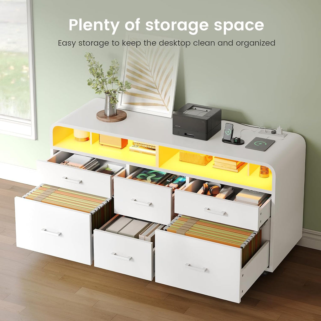 6 Drawers File Cabinet with Power Strip fits Legal/Letter/A4 Size | 47" Wood Mobile Lateral Filing Cabinet , Printer