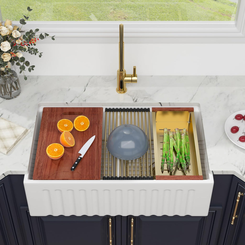 33 White Farmhouse Kitchen Sink Double Bowl Reversible Apron Front