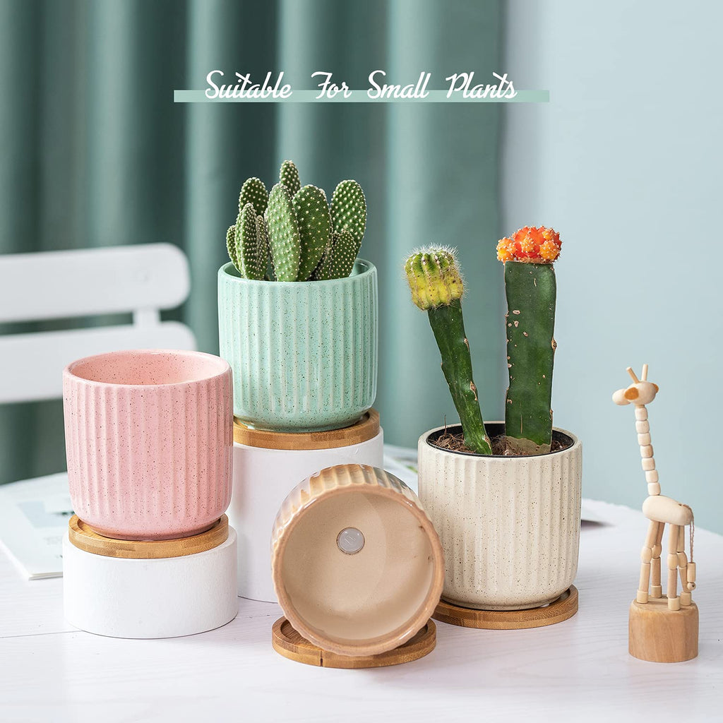 4 Inch Cylinder Ceramic Boho Plant Pots with Drainage Hole and Saucer, Glazed Vertical Pattern Multicolor Flower Pots