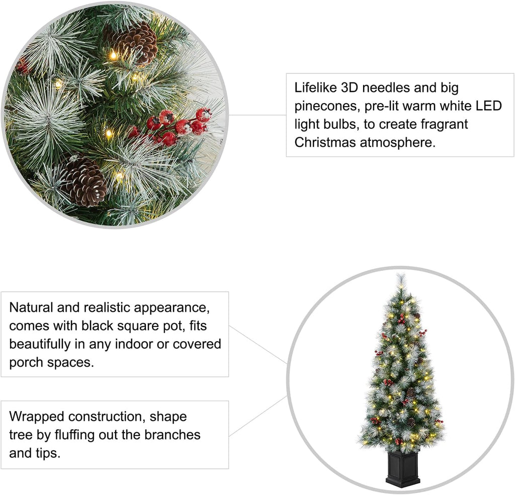 2PK 5ft Pre-Lit Christmas Tree with 150 Warm White Lights,Potted Artificial Christmas Tree w/286 Pine Needle&PVC