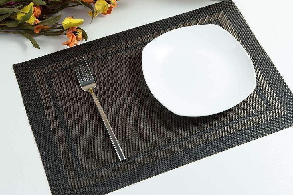 Placemats Set of 8, Linen Look Woven Place Mats (Black Gold)
