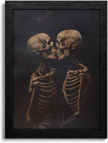 Framed Halloween Skeleton Lovers Wall Art Dark Romantic Kissing Skeletons Pictures Prints Horror and Eeriness Wall