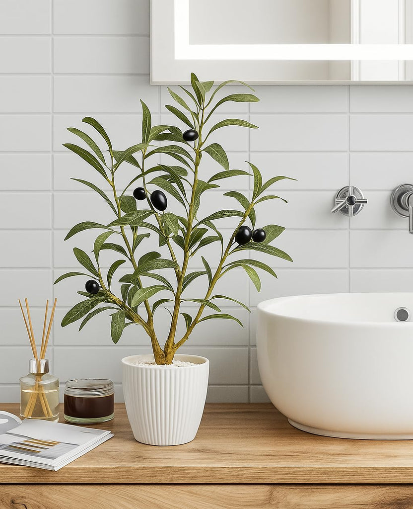 Faux Olive Tree, 16.9 Inches Small Fake Olive Trees with White Pot, Realistic Fake Tree Potted Plant and Lifelike