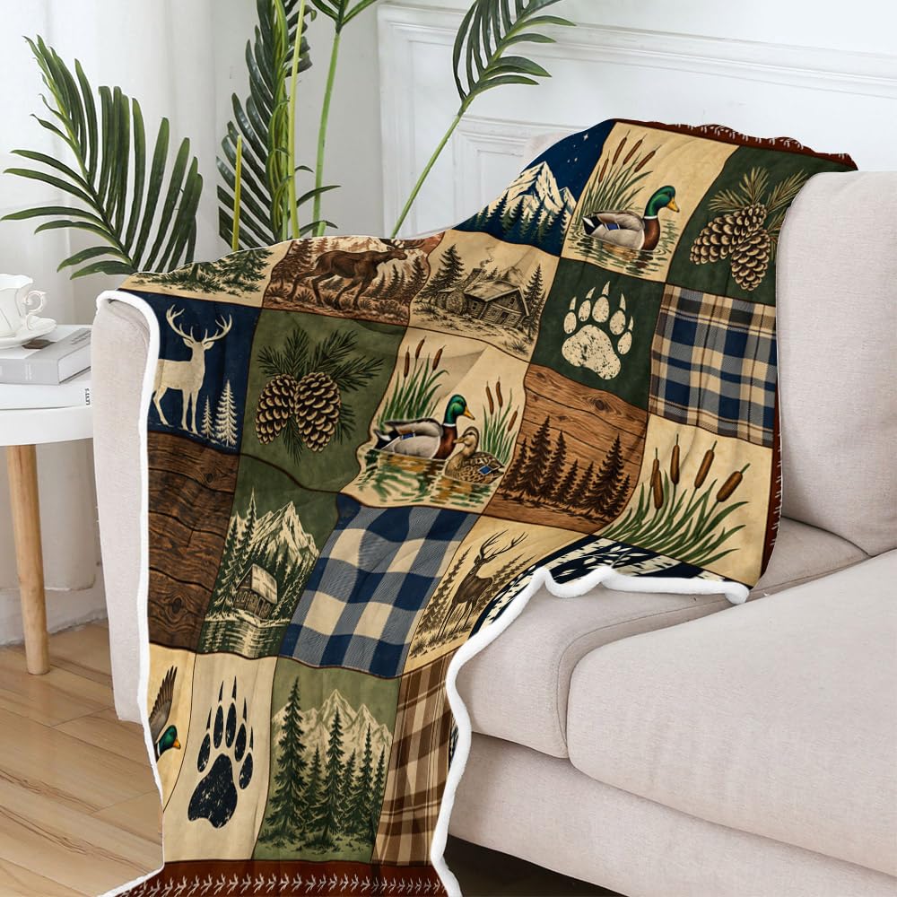 Rustic Cabin Throw Blanket, Bear Deer Duck Plaid Patchwork Lodge Decor