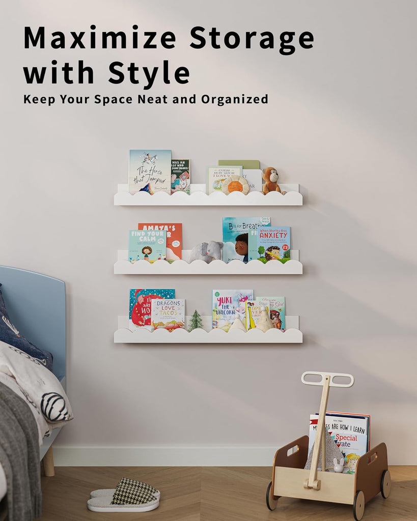 Nursery Book Shelves, Set of 3, Nursery Decor for Baby and Toddler, Scalloped Shelves, Book Shelf for Kids Rooms