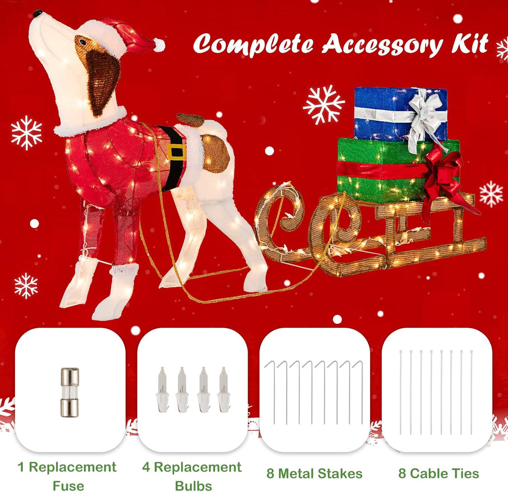 Lighted Christmas Dog with Sleigh & Gift Boxes Combo Decorations, Xmas Lighted Indoor Decorations, Pre-lit Christmas
