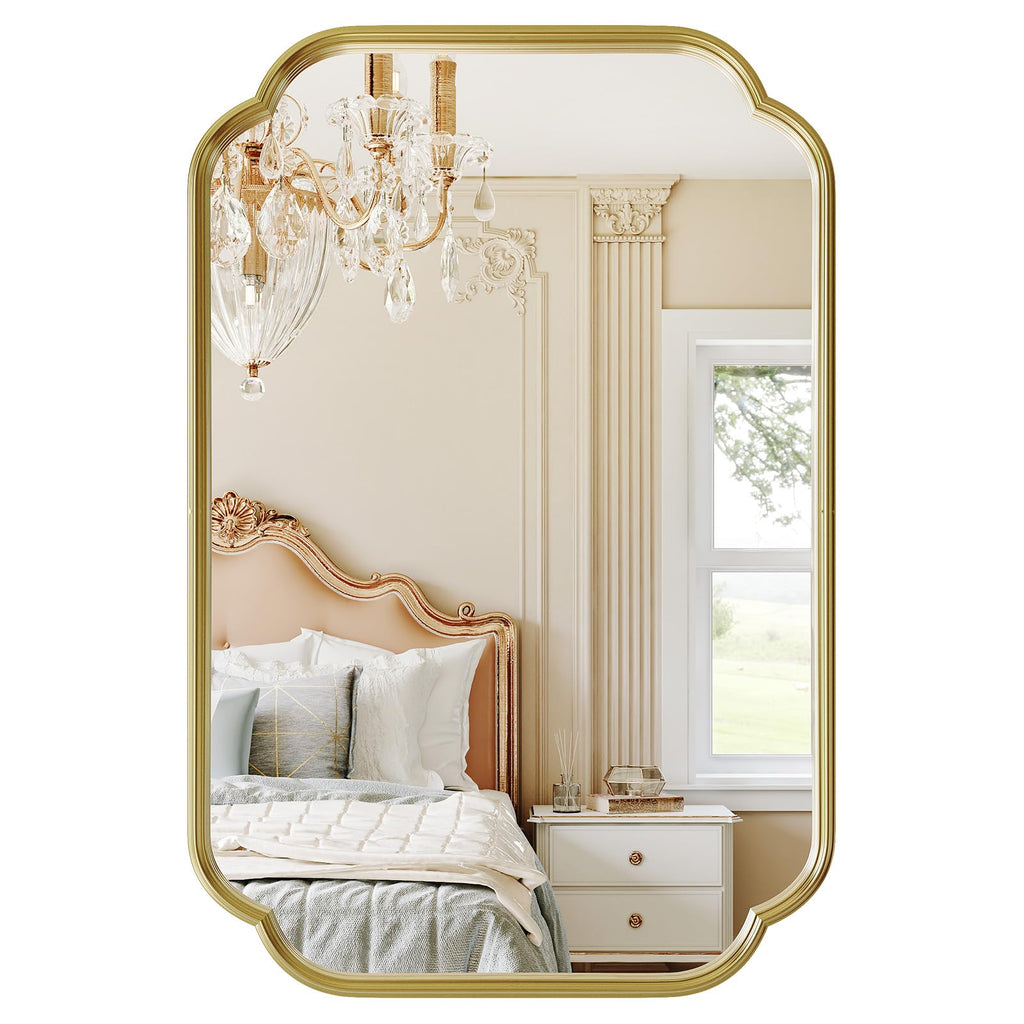 Gold Bathroom Scalloped Mirror, 20" x 30"Rounded Corner Rectangle Wall Mirrors with Metal Frame, Modern Vanity Mirror