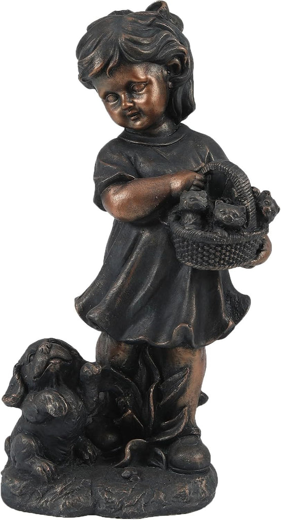 LuxenHome Garden Decor Statue,23" Fiber Stone Girl and Puppy Outdoor Statue | Bronze Garden Sculpture, Outdoor Art