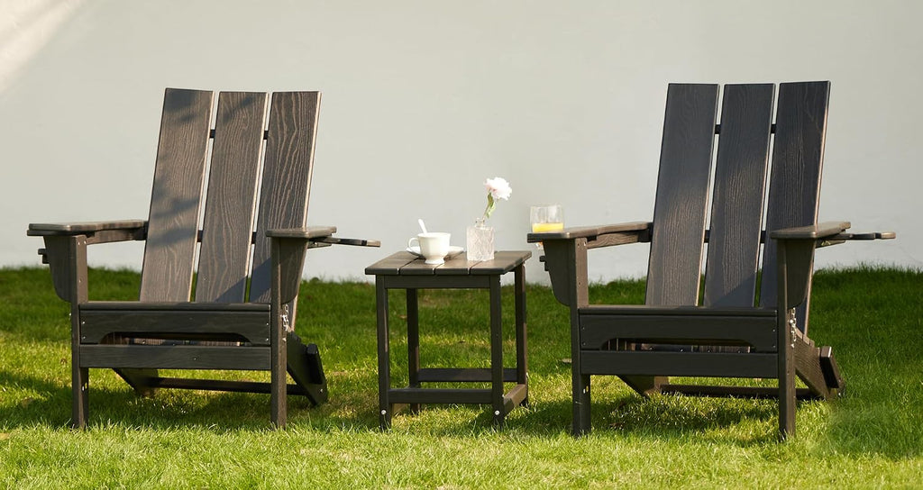 Modern Folding Adirondack Chairs Set of 2, HDPE, Cup Holders, Black | Outdoor All-Weather Lawn Adirondack Chairs Wood