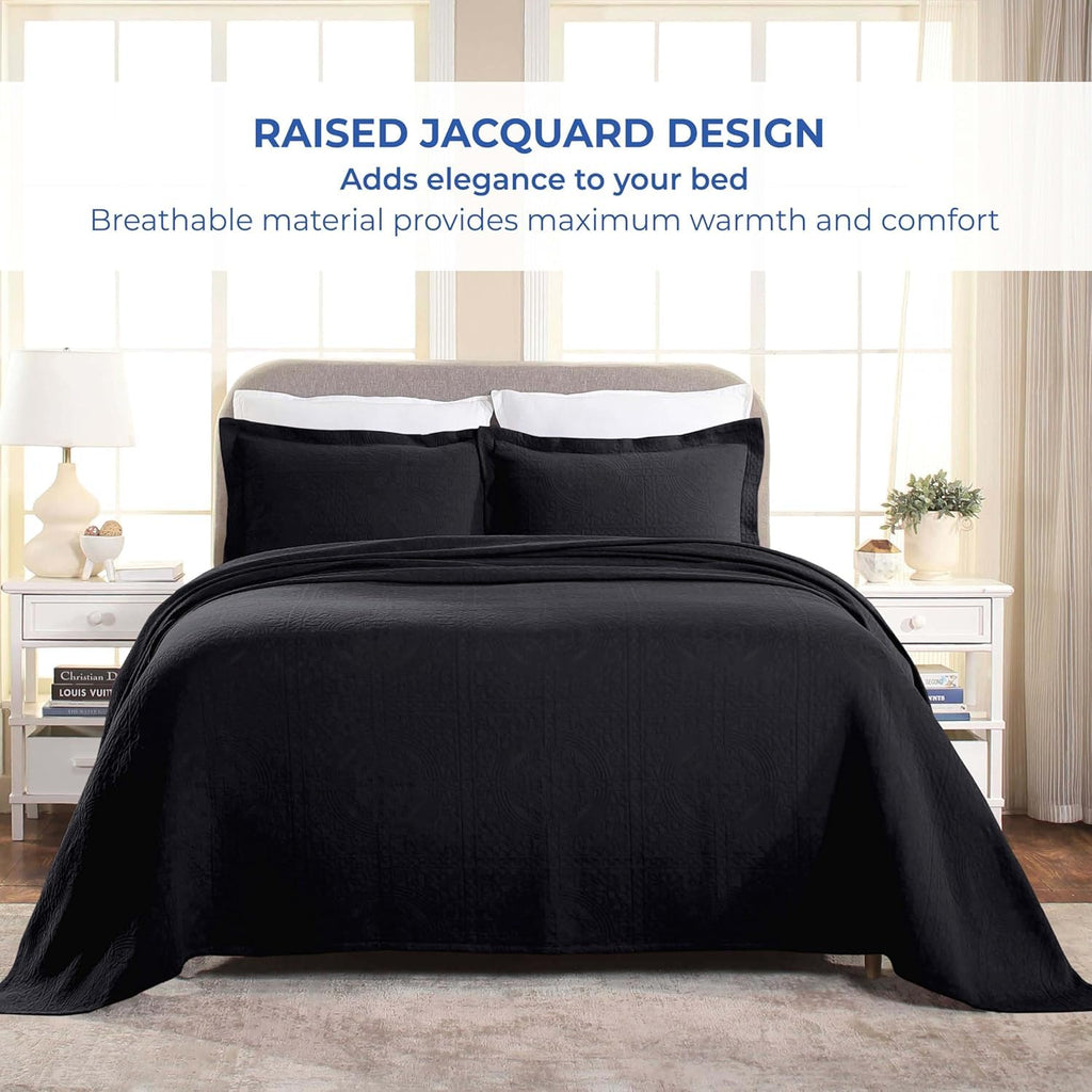 Cotton Bedspread, Jacquard Woven Matelasse Bedding, Queen, Black