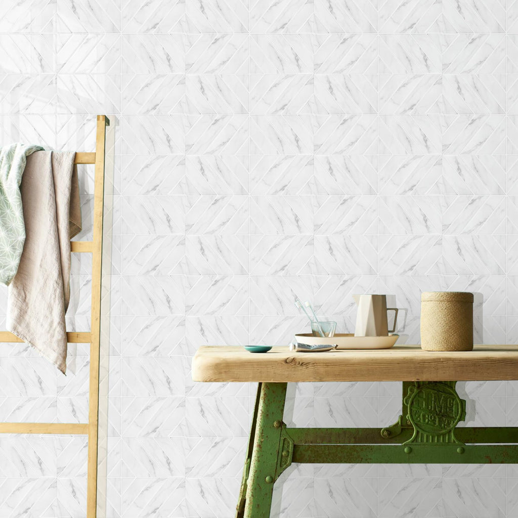 Herringbone Peel and Stick Backsplash, White Marble, 10 Sheets
