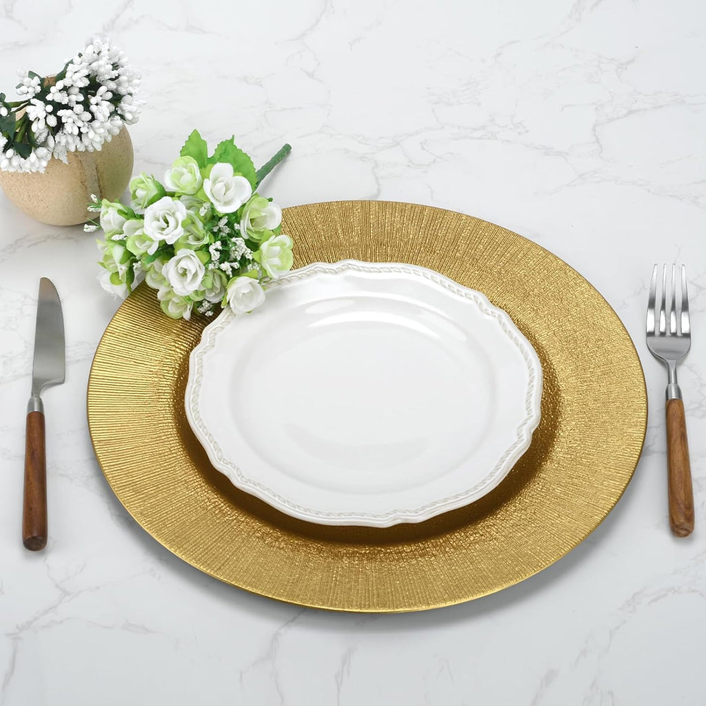 Inch Gold Charger Plates, Round Reef Pattern, Plastic, for Dinner Plates, Wedding Decor, Table Setting - Set of 12