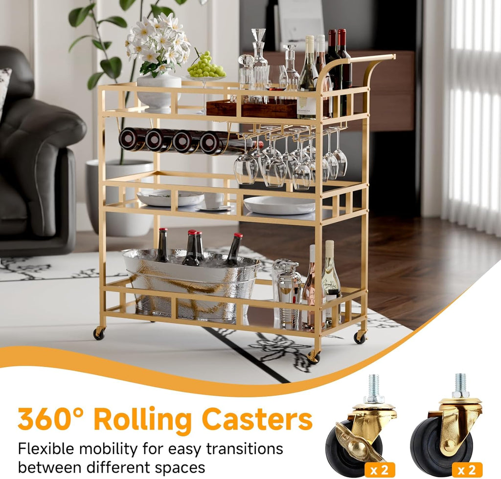 Gold Bar Carts with 3 Tier Mirror Shelves, Home Bar Cart with Wine Rack and Glass Holder, Perfect for Indoor and