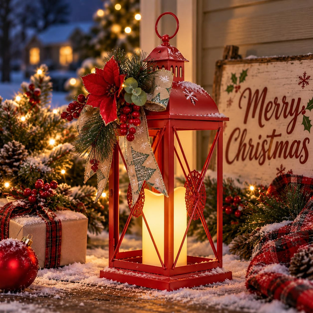 Christmas Decorations, 18" Metal Christmas Lantern with LED Candle and Floral Accents Decor, Decorative Hanging