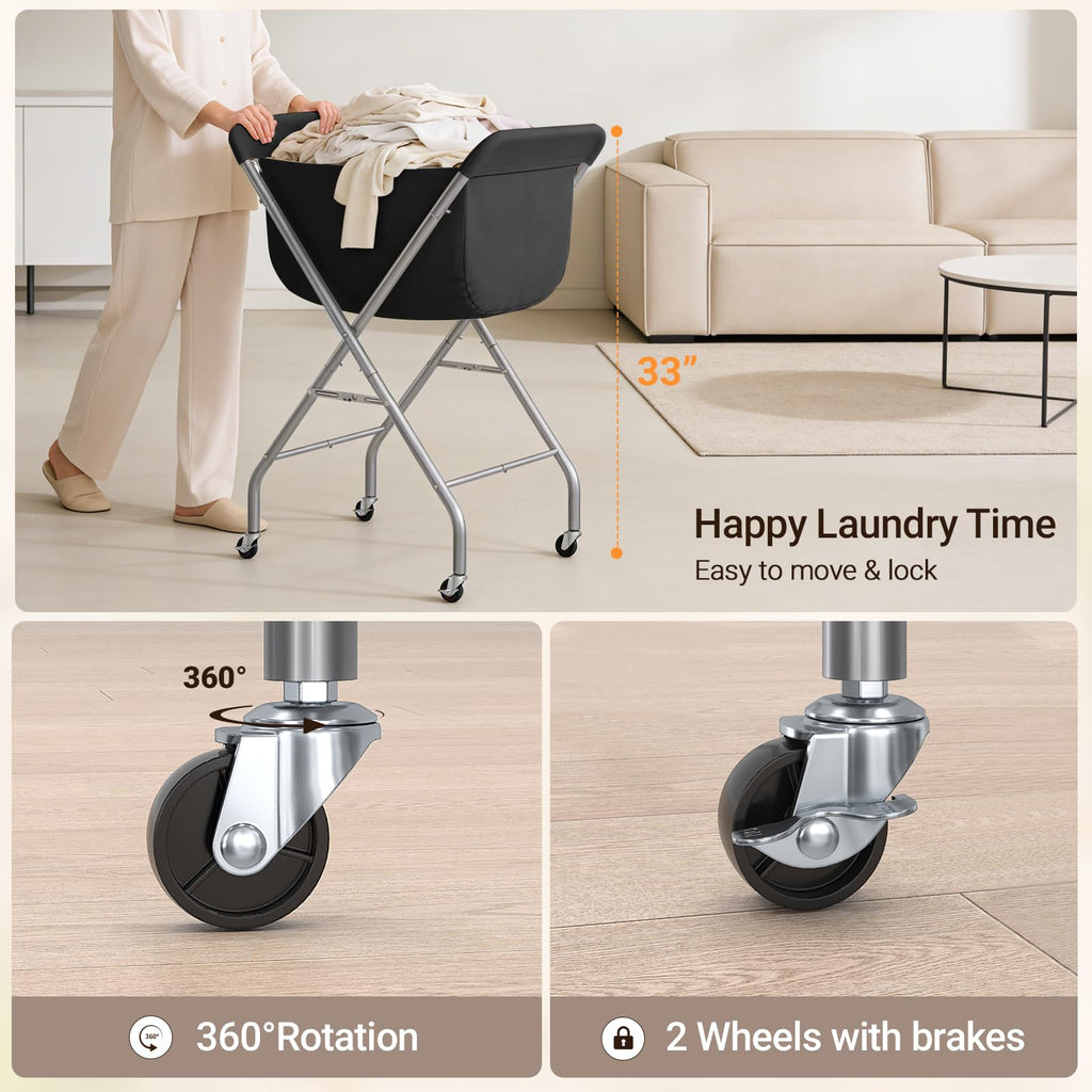 Laundry Basket with Wheels, Collapsible Laundry Hamper, Black