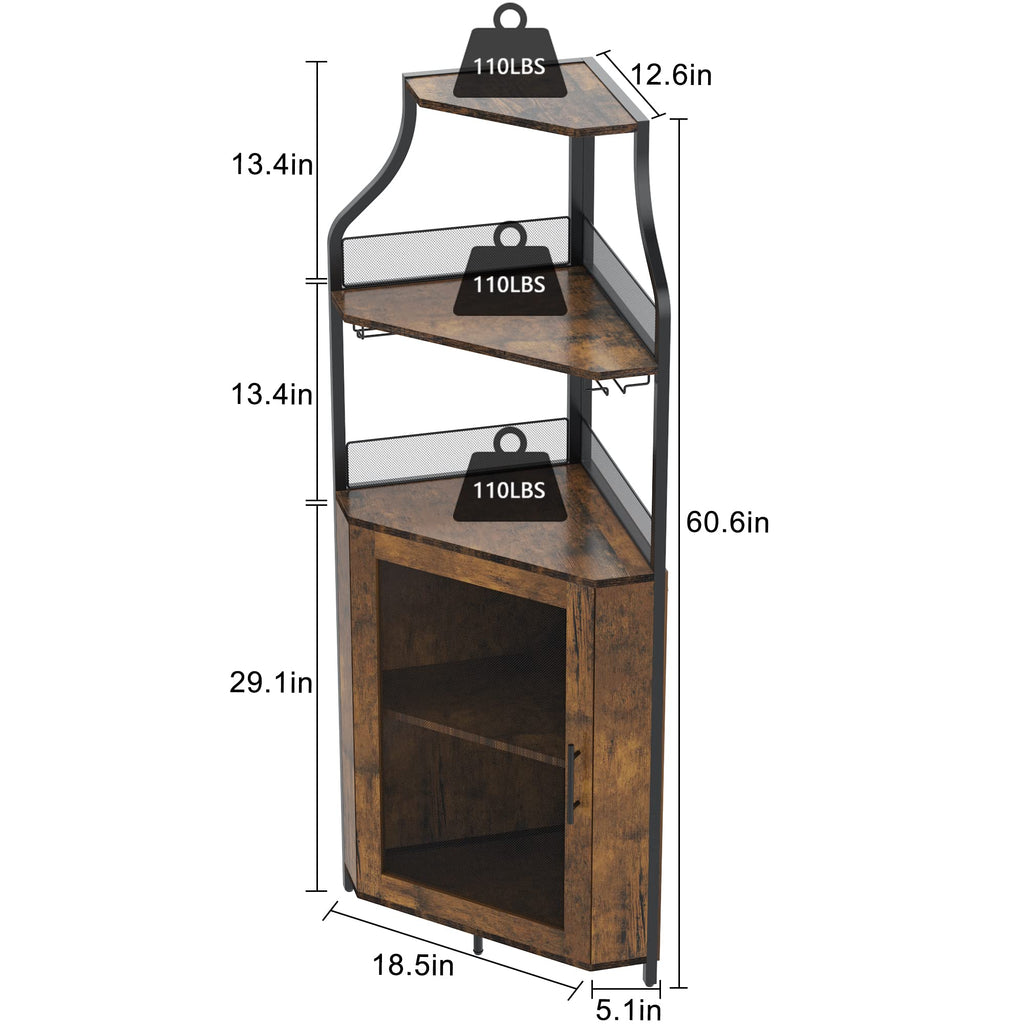 Corner Wine Cabinet, Wine and Glass Rack, Freestanding Liquor Cabinet Bar Cupboard with Storage Shelves (Rustic Brown)