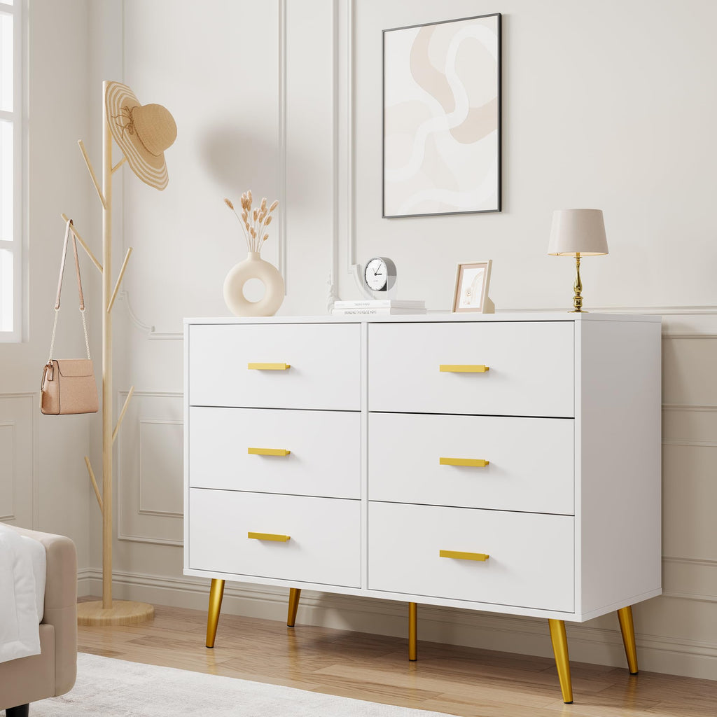 6 Drawer, Chest of Drawers with Gold Handles, White