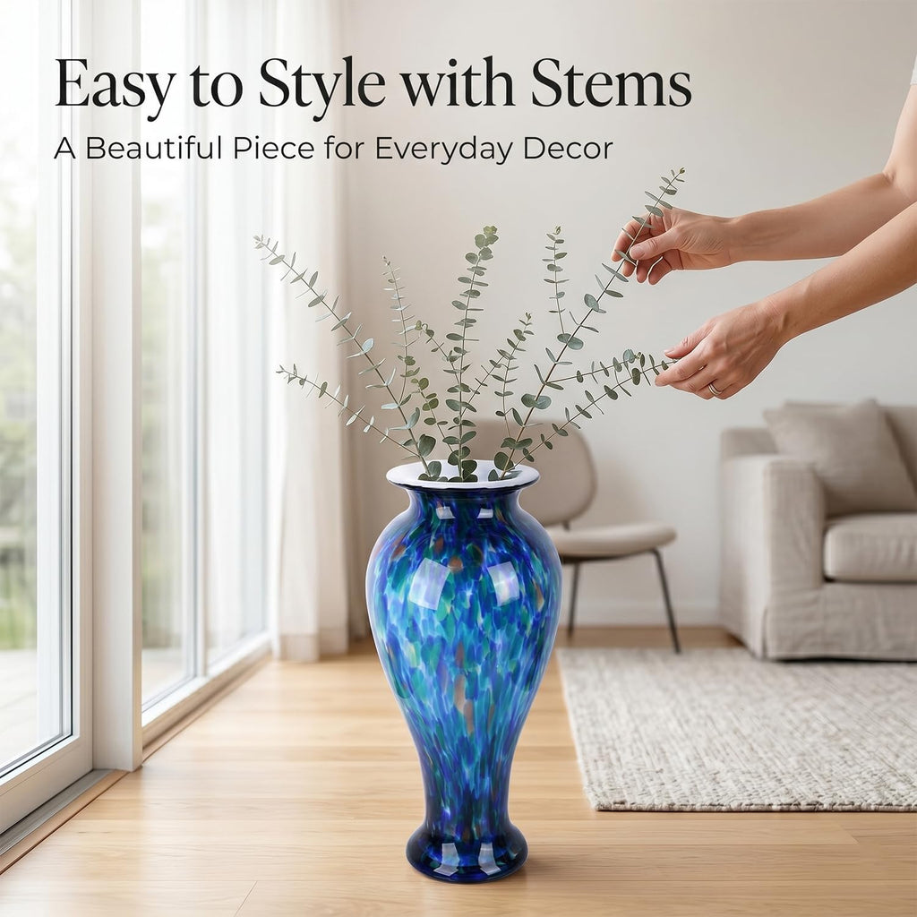 20" Tall Teal Blue Glass Vase Hand Blown Large Floor Glass Vase Home Decor, Pretty Modern Teal Blue Flowers Vases