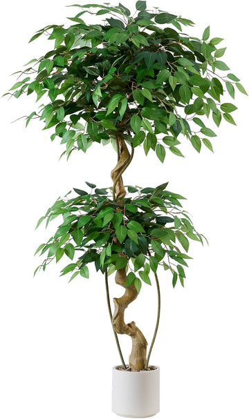 5FT Artificial Ficus Tree, Elegant Faux Topiary Tree in White Pebble Pot