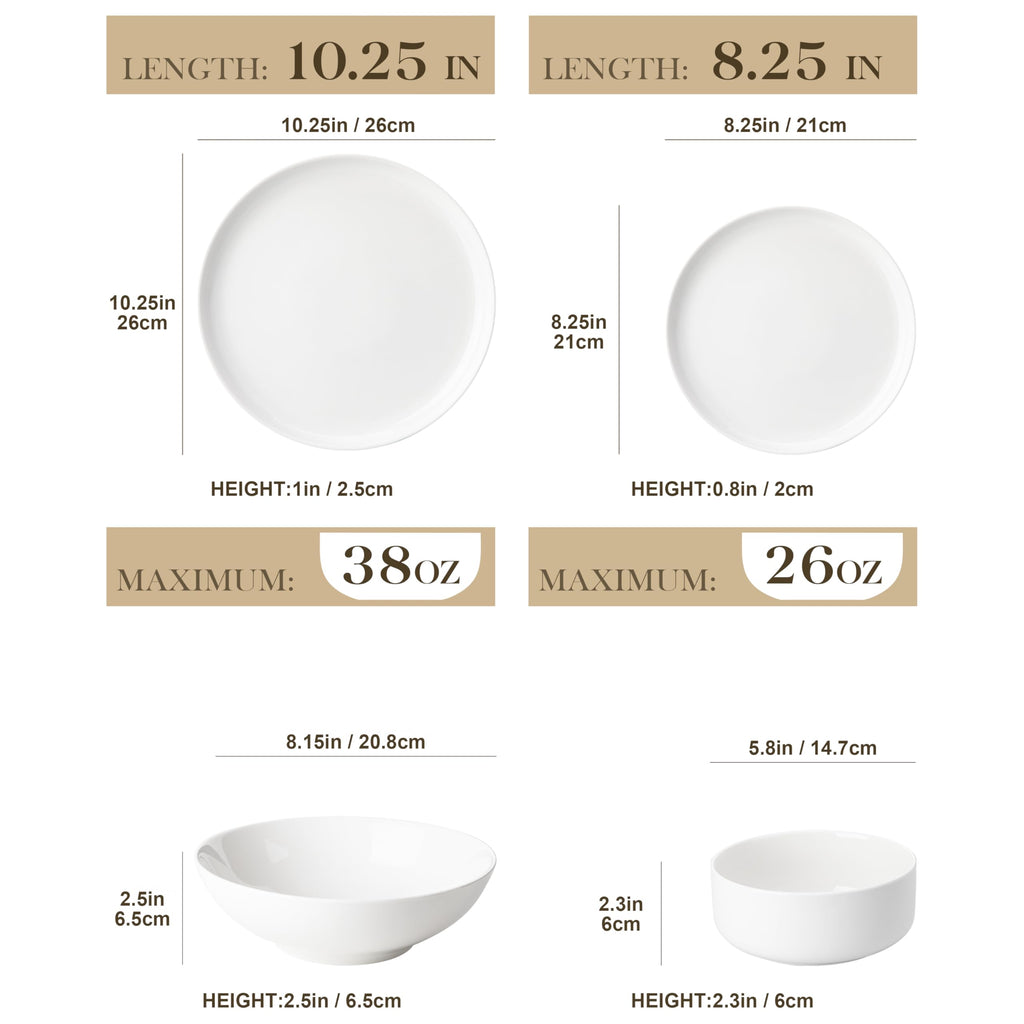 24 Pcs Porcelain Plates and Bowls Sets,Dinnerware Set for 6,White