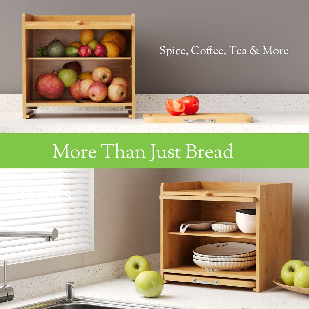 Bread Box - Bamboo, Double Layer, Cutting Board, Kitchen, Natural