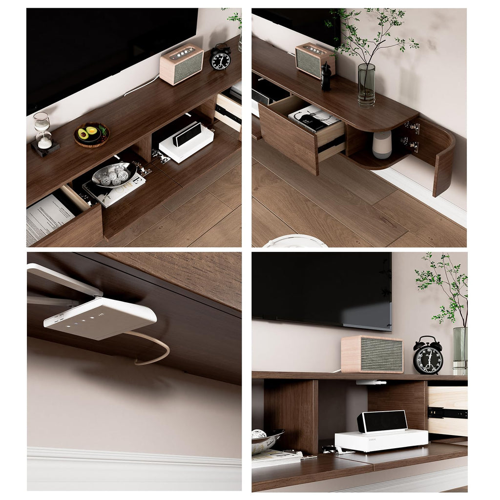 Solid Wood Floating TV Stand - Wall Mounted Media Console with 2 Side Doors, Deepened 11.8'', Wall Mounted