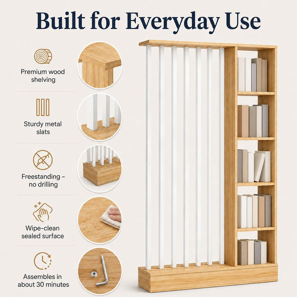 Wood Room Divider with Storage Shelves Freestanding Slat Partition Shelf