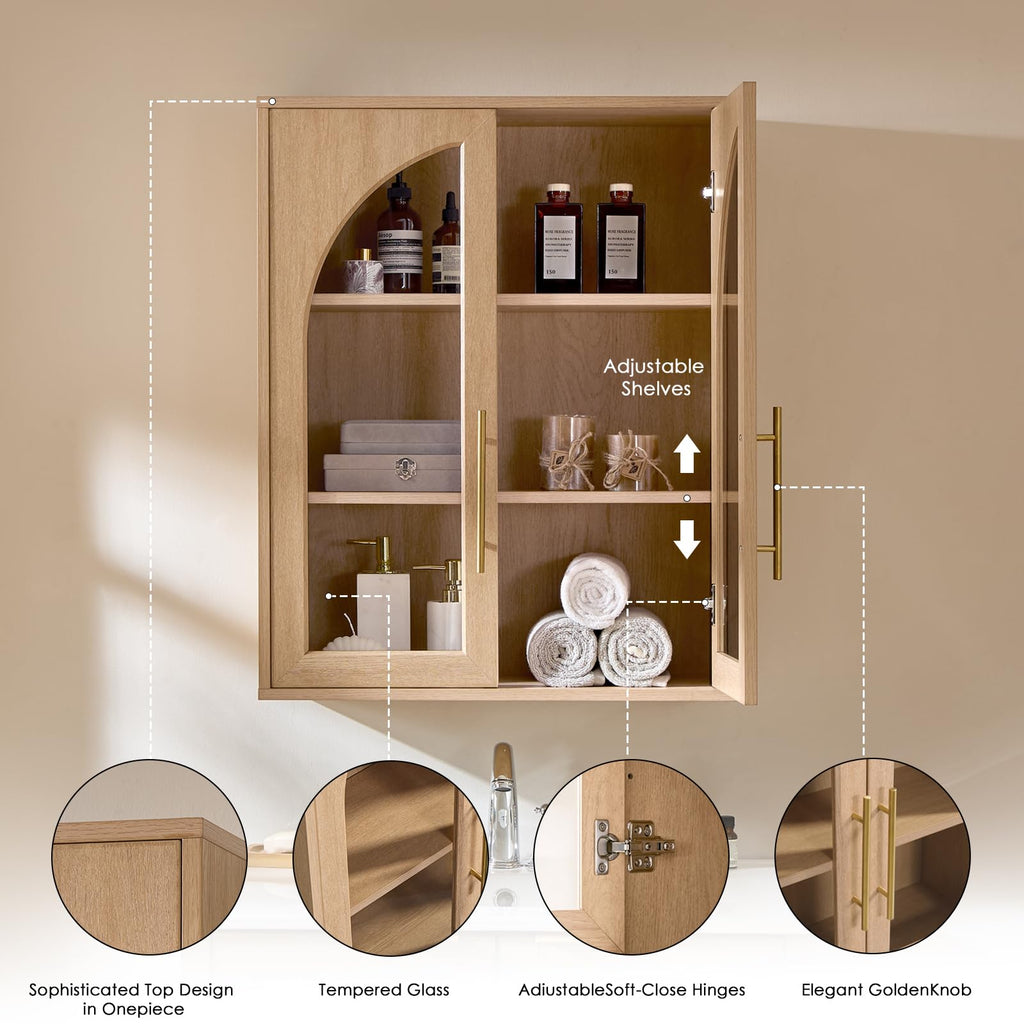 Bathroom Wall Cabinet, 23.5×31.4'' Storage Cabinet, Arched Cabinet Wall Mount with Adjustable Shelf & Glass Doors